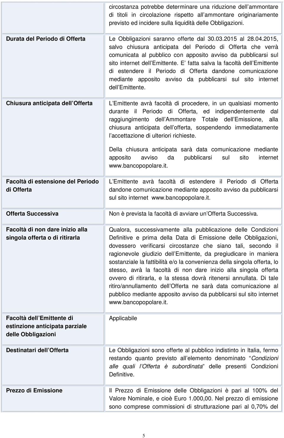 2015, salvo chiusura anticipata del Periodo di Offerta che verrà comunicata al pubblico con apposito avviso da pubblicarsi sul sito internet dell Emittente.