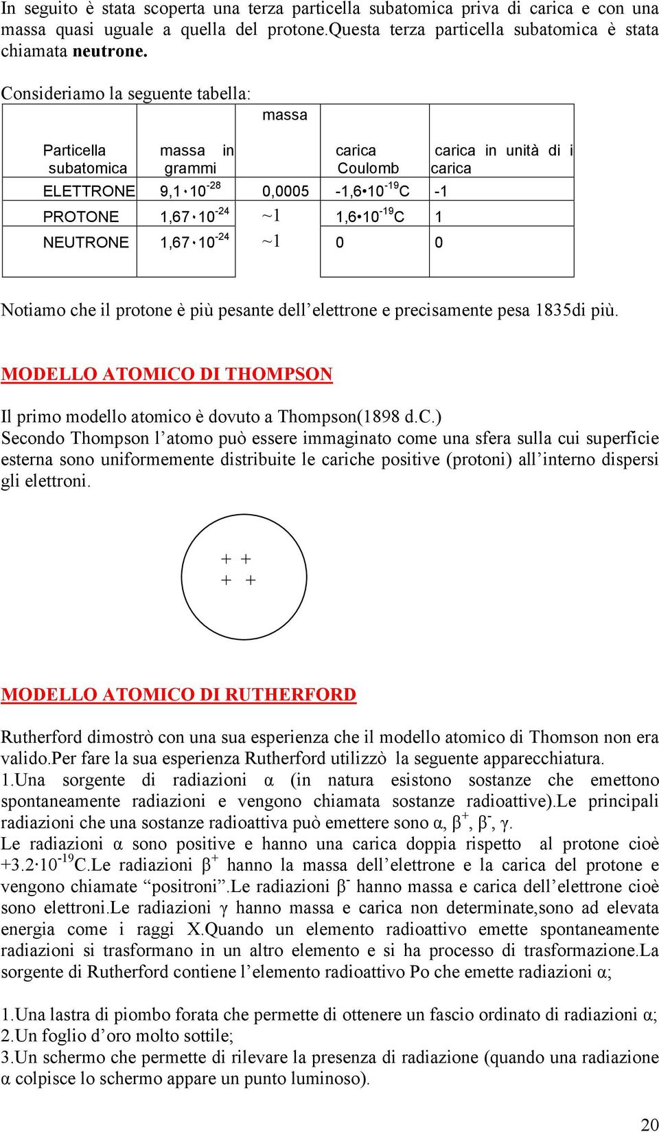 i carica -1 1,6 10 C 1 0 0 Notiamo che il protone è più pesante dell elettrone e precisamente pesa 1835di più. MODELLO ATOMICO DI THOMPSON Il primo modello atomico è dovuto a Thompson(1898 d.c.) Secondo Thompson l atomo può essere immaginato come una sfera sulla cui superficie esterna sono uniformemente distribuite le cariche positive (protoni) all interno dispersi gli elettroni.