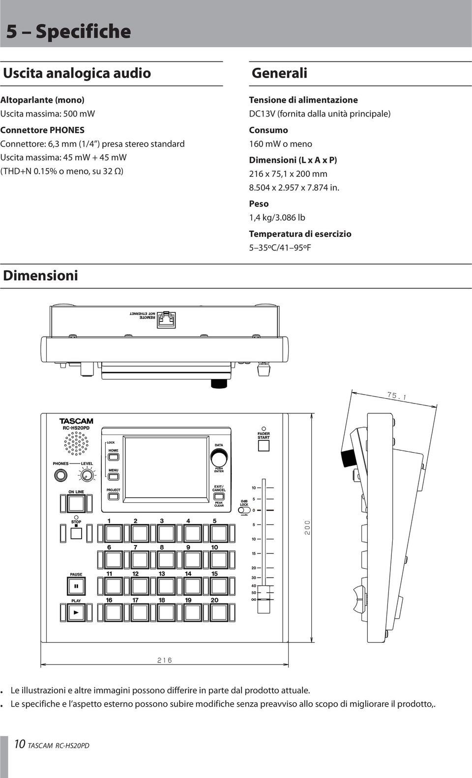 15% o meno, su 32 Ω) Generali Tensione di alimentazione DC13V (fornita dalla unità principale) Consumo 160 mw o meno Dimensioni (L x A x P) 216 x 75,1 x 200 mm 8.