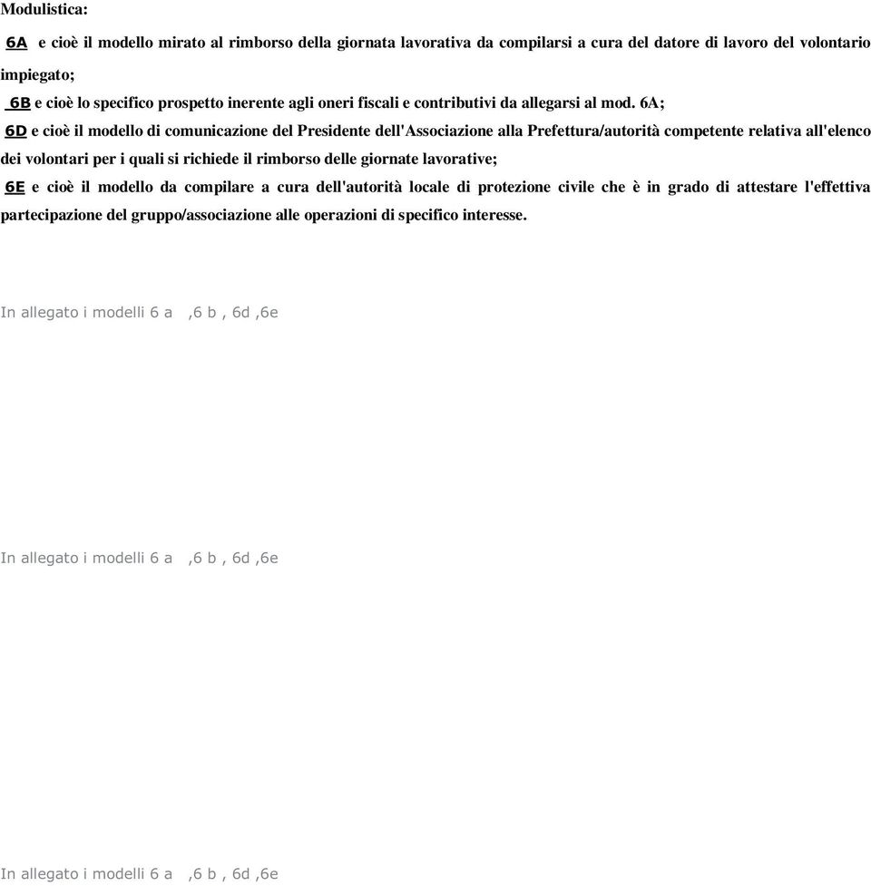 6A; 6D e cioè il modello di comunicazione del Presidente dell'associazione alla Prefettura/autorità competente relativa all'elenco dei volontari per i quali si richiede il rimborso delle