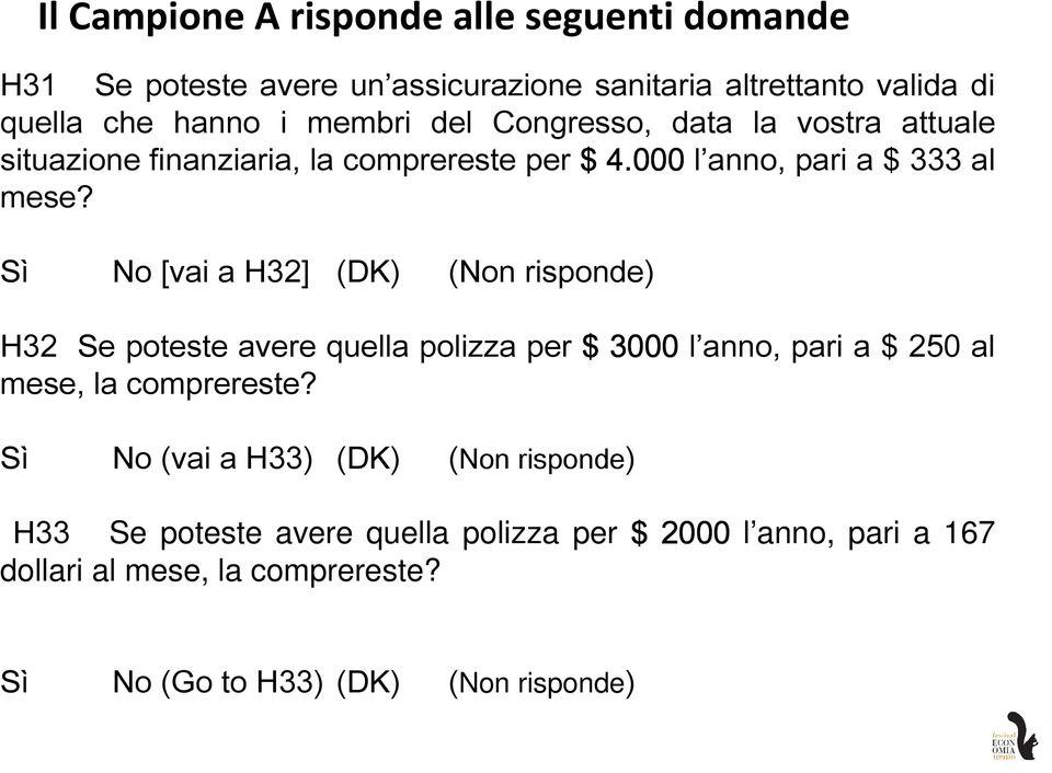 Sì No [vai a H32] (DK) (Non risponde) H32 Se poteste avere quella polizza per $ 3000 l anno, pari a $ 250 al mese, la comprereste?