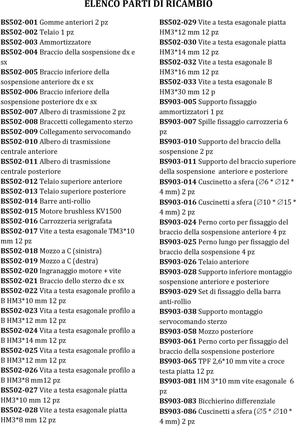 BS502-010 Albero di trasmissione centrale anteriore BS502-011 Albero di trasmissione centrale posteriore BS502-012 Telaio superiore anteriore BS502-013 Telaio superiore posteriore BS502-014 Barre