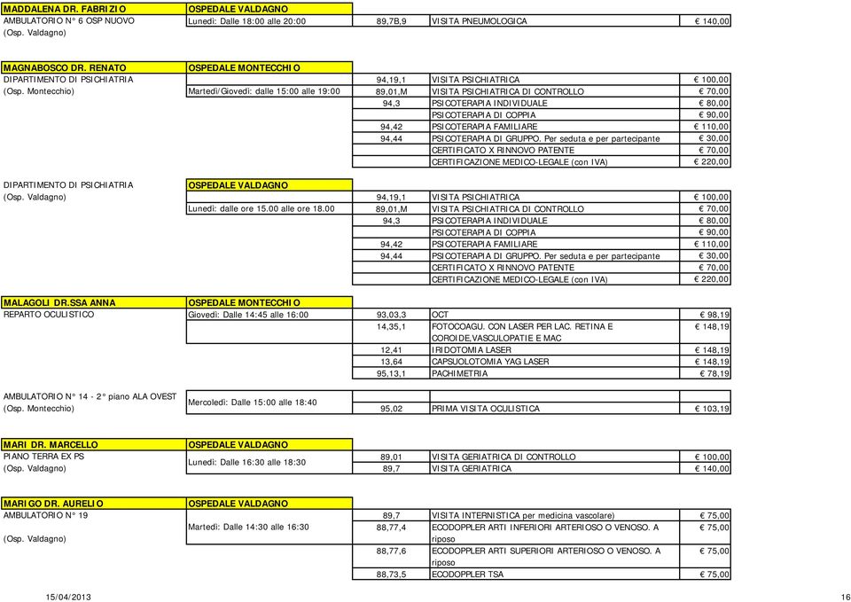 Montecchio) Martedì/Giovedì: dalle 15:00 alle 19:00 89,01,M VISITA PSICHIATRICA DI CONTROLLO 70,00 94,3 PSICOTERAPIA INDIVIDUALE 80,00 PSICOTERAPIA DI COPPIA 90,00 94,42 PSICOTERAPIA FAMILIARE 110,00