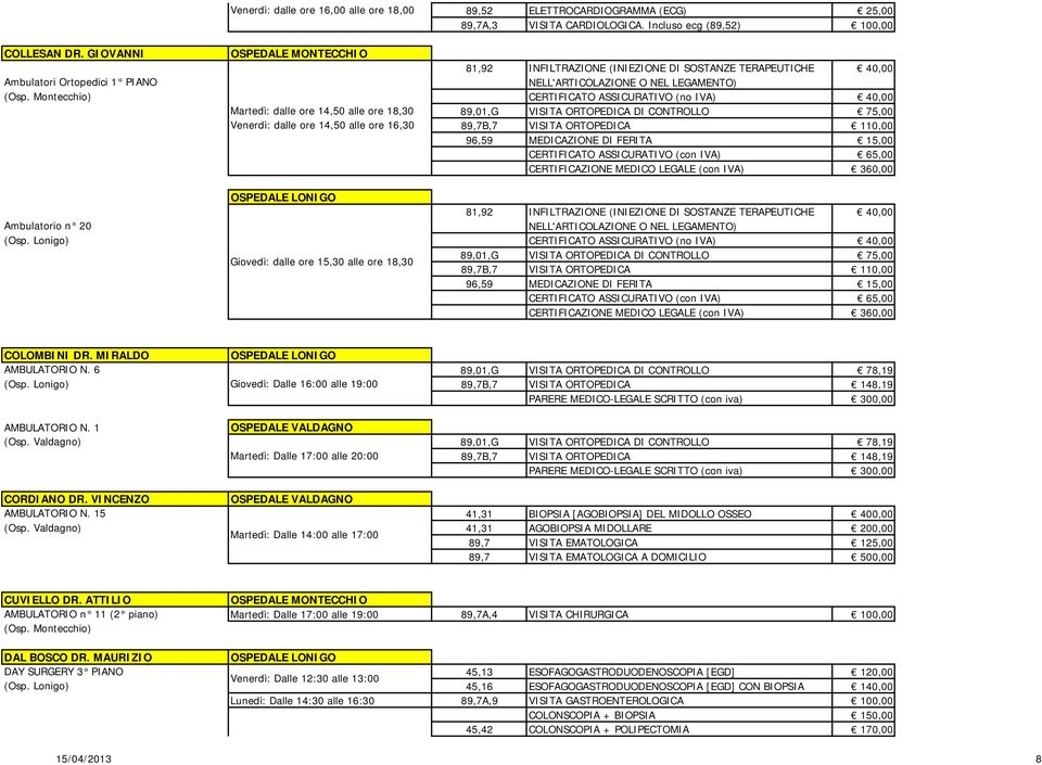 Montecchio) CERTIFICATO ASSICURATIVO (no IVA) 40,00 Martedì: dalle ore 14,50 alle ore 18,30 89,01,G VISITA ORTOPEDICA DI CONTROLLO 75,00 Venerdì: dalle ore 14,50 alle ore 16,30 89,7B,7 VISITA