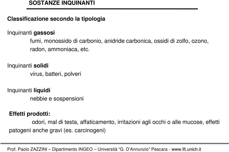 Inquinanti solidi virus, batteri, polveri Inquinanti liquidi nebbie e sospensioni Effetti