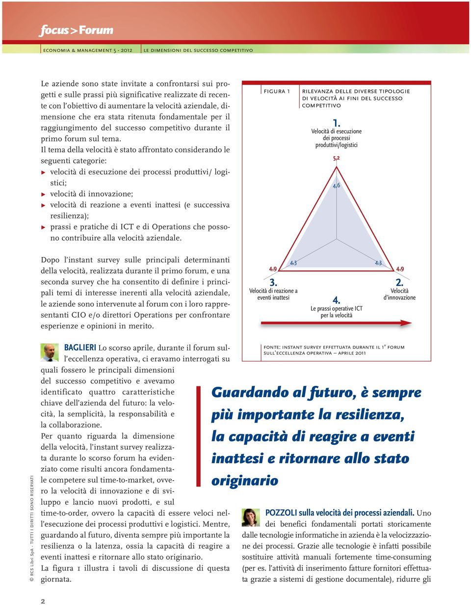 Il tema della velocità è stato affrontato considerando le seguenti categorie: Ω velocità di esecuzione dei processi produttivi/ logistici; Ω velocità di innovazione; Ω velocità di reazione a eventi