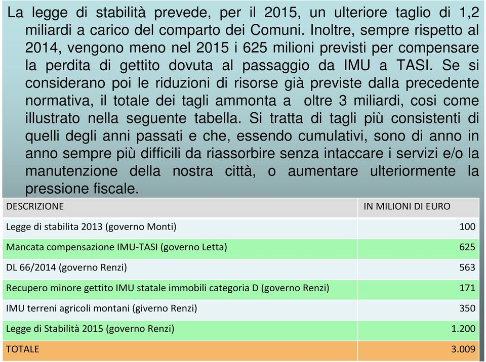 Se si considerano poi le riduzioni di risorse già previste dalla precedente normativa, il totale dei tagli ammonta a oltre 3 miliardi, cosi come illustrato nella seguente tabella.