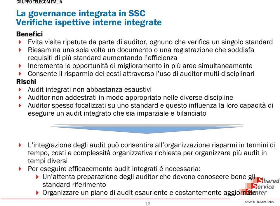 uso di auditor multi-disciplinari Rischi Audit integrati non abbastanza esaustivi Auditor non addestrati in modo appropriato nelle diverse discipline Auditor spesso focalizzati su uno standard e