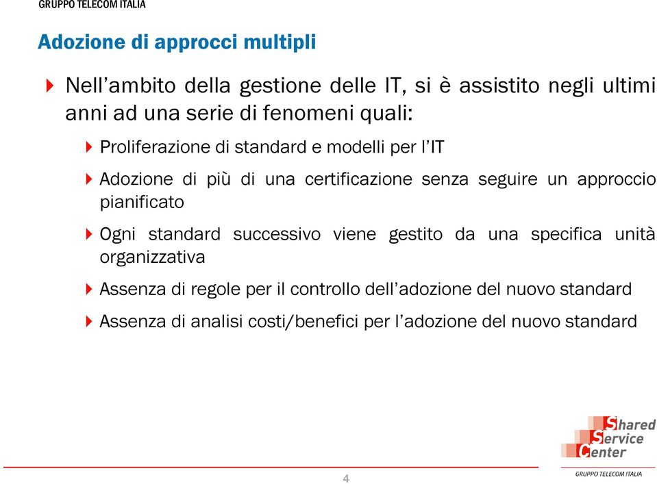 approccio pianificato Ogni standard successivo viene gestito da una specifica unità organizzativa Assenza di regole