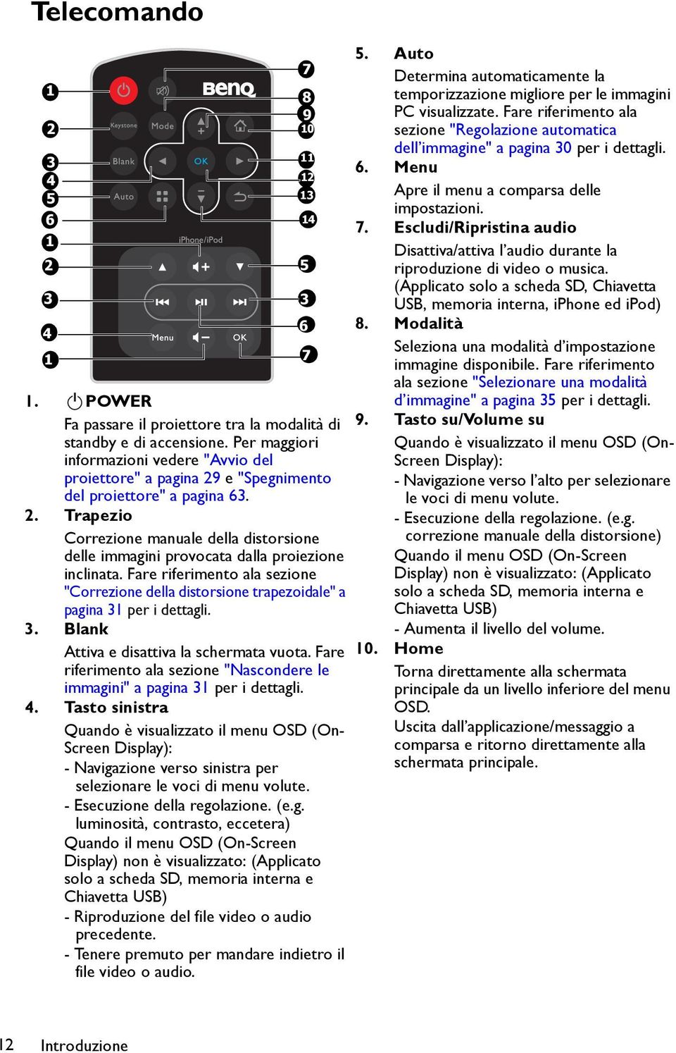 Escludi/Ripristina audio 1 2 3 5 3 Disattiva/attiva l audio durante la riproduzione di video o musica. (Applicato solo a scheda SD, Chiavetta USB, memoria interna, iphone ed ipod) 6 8.