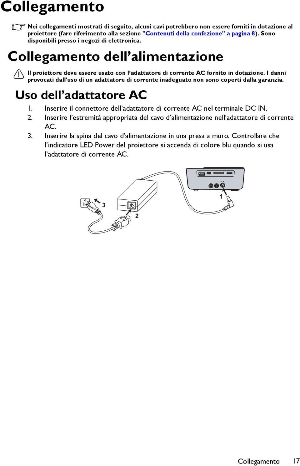 I danni provocati dall uso di un adattatore di corrente inadeguato non sono coperti dalla garanzia. Uso dell adattatore AC 1. Inserire il connettore dell adattatore di corrente AC nel terminale DC IN.