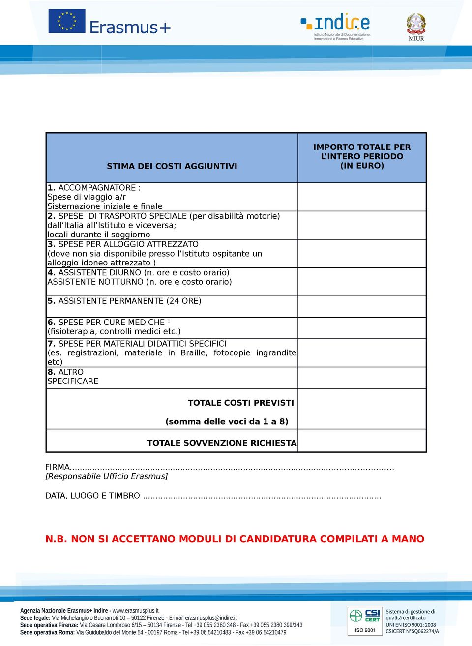 SPESE PER ALLOGGIO ATTREZZATO (dove non sia disponibile presso l Istituto ospitante un alloggio idoneo attrezzato ) 4. ASSTENTE DIUR (n. ore e costo orario) ASSTENTE TTUR (n. ore e costo orario) 5.