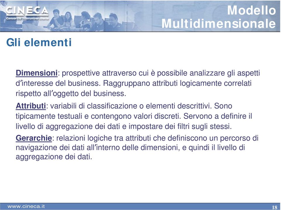 Sono tipicamente testuali e contengono valori discreti. Servono a definire il livello di aggregazione dei dati e impostare dei filtri sugli stessi.