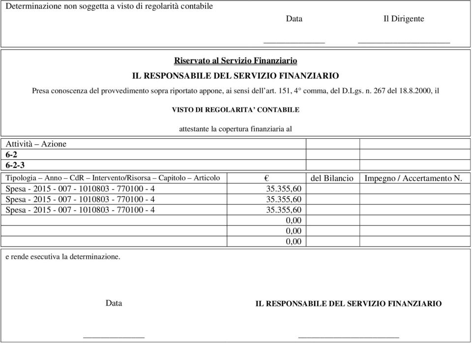 8.2000, il VISTO DI REGOLARITA CONTABILE Attività Azione 6-2 6-2-3 attestante la copertura finanziaria al Tipologia Anno CdR