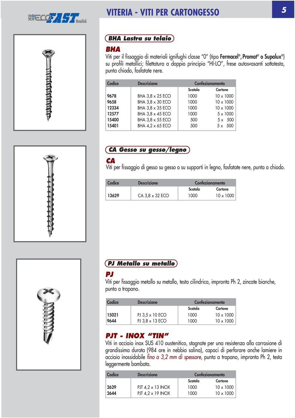 9678 9658 12334 12577 15400 15401 BHA 3,8 x 25 ECO BHA 3,8 x 30 ECO BHA 3,8 x 35 ECO BHA 3,8 x 45 ECO BHA 3,8 x 55 ECO BHA 4,2 x 65 ECO CA Gesso su gesso/legno CA Viti per fissaggio di gesso su gesso