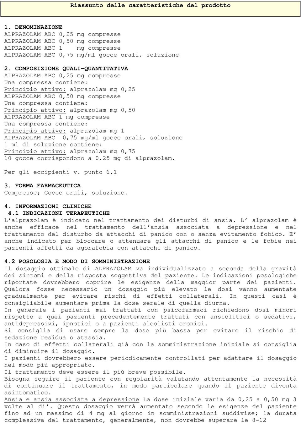 COMPOSIZIONE QUALI-QUANTITATIVA ALPRAZOLAM ABC 0,25 mg compresse Una compressa contiene: Principio attivo: alprazolam mg 0,25 ALPRAZOLAM ABC 0,50 mg compresse Una compressa contiene: Principio