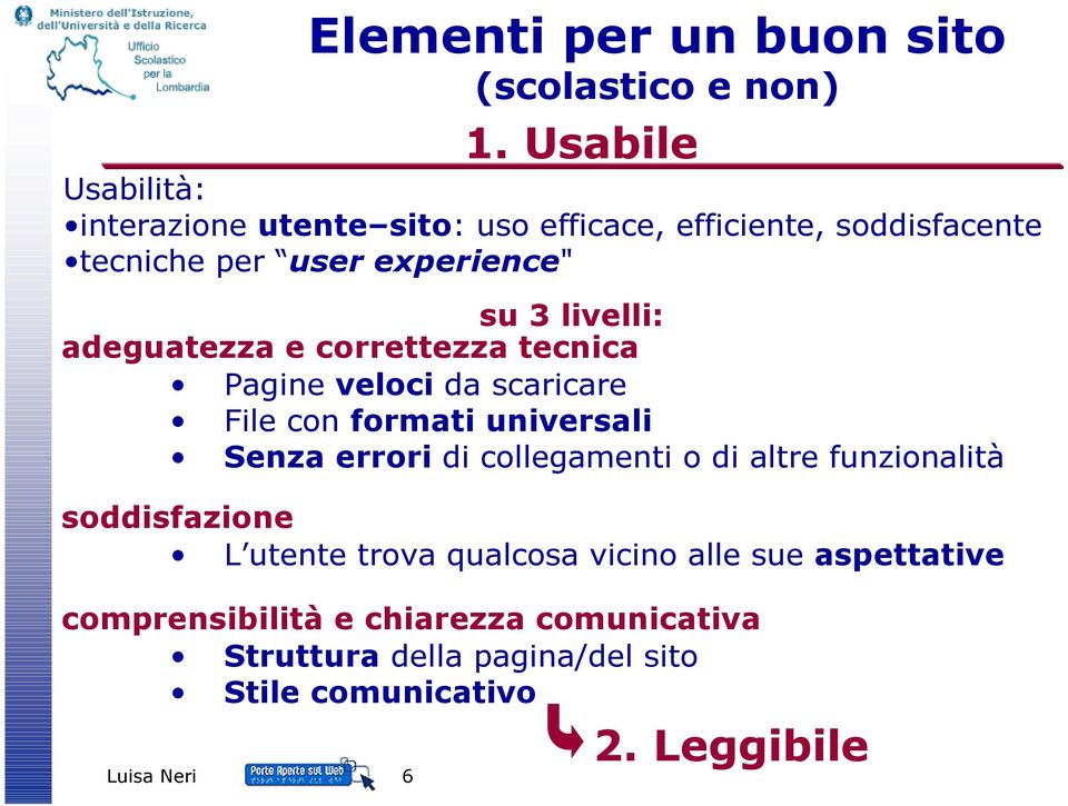 livelli: adeguatezza e correttezza tecnica Pagine veloci da scaricare File con formati universali Senza errori di