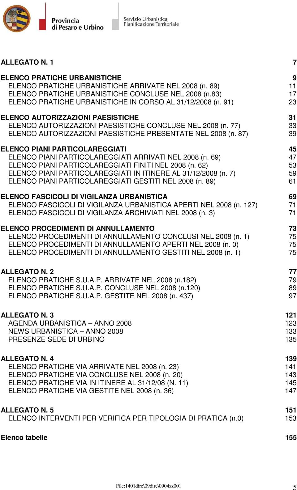 77) 33 ELENCO AUTORIZZAZIONI PAESISTICHE PRESENTATE NEL 2008 (n. 87) 39 ELENCO PIANI PARTICOLAREGGIATI 45 ELENCO PIANI PARTICOLAREGGIATI ARRIVATI NEL 2008 (n.