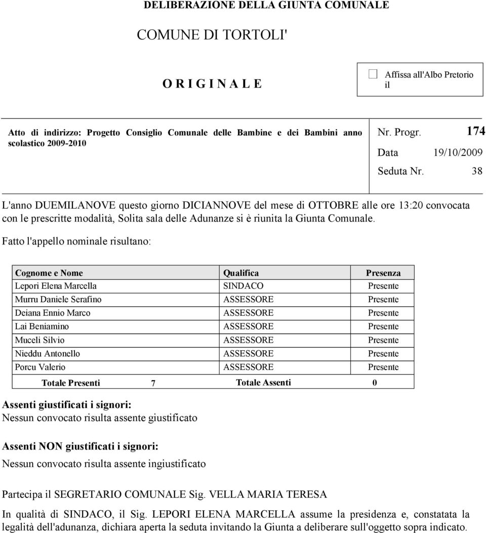 174 19/10/2009 38 L'anno DUEMILANOVE questo giorno DICIANNOVE del mese di OTTOBRE alle ore 13:20 convocata con le prescritte modalità, Solita sala delle Adunanze si è riunita la Giunta Comunale.