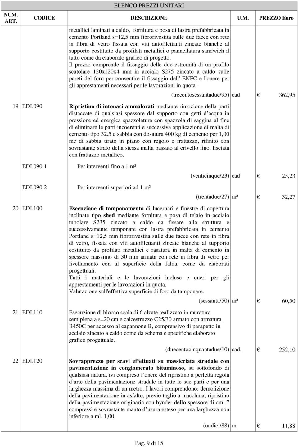 Il prezzo comprende il fissaggio delle due estremità di un profilo scatolare 120x120x4 mm in acciaio S275 zincato a caldo sulle pareti del foro per consentire il fissaggio dell' ENFC e l'onere per