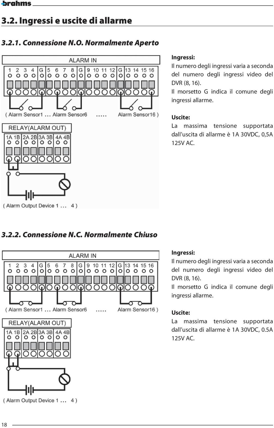 Il morsetto G indica il comune degli ingressi allarme. Uscite: La massima tensione supportata dall uscita di allarme è 1A 30VDC, 0,5A 125V AC. 3.2.2. Connessione N.