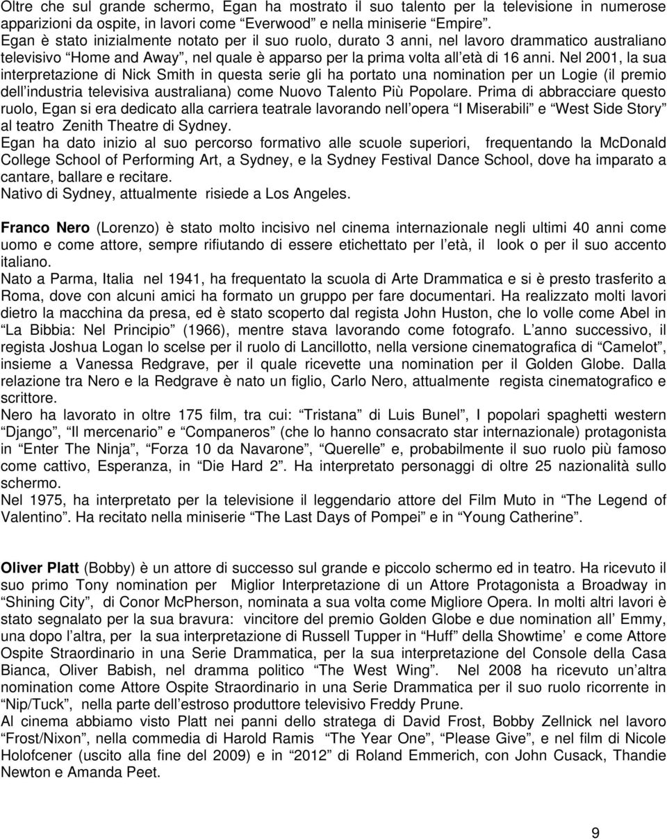 Nel 2001, la sua interpretazione di Nick Smith in questa serie gli ha portato una nomination per un Logie (il premio dell industria televisiva australiana) come Nuovo Talento Più Popolare.