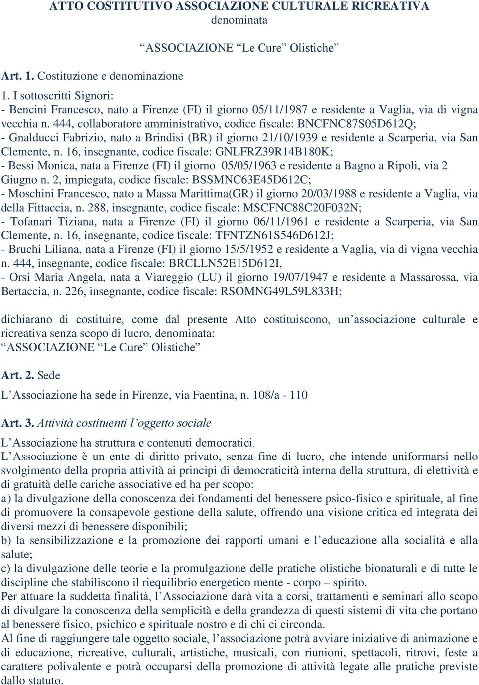 444, collaboratore amministrativo, codice fiscale: BNCFNC87S05D612Q; - Gnalducci Fabrizio, nato a Brindisi (BR) il giorno 21/10/1939 e residente a Scarperia, via San Clemente, n.