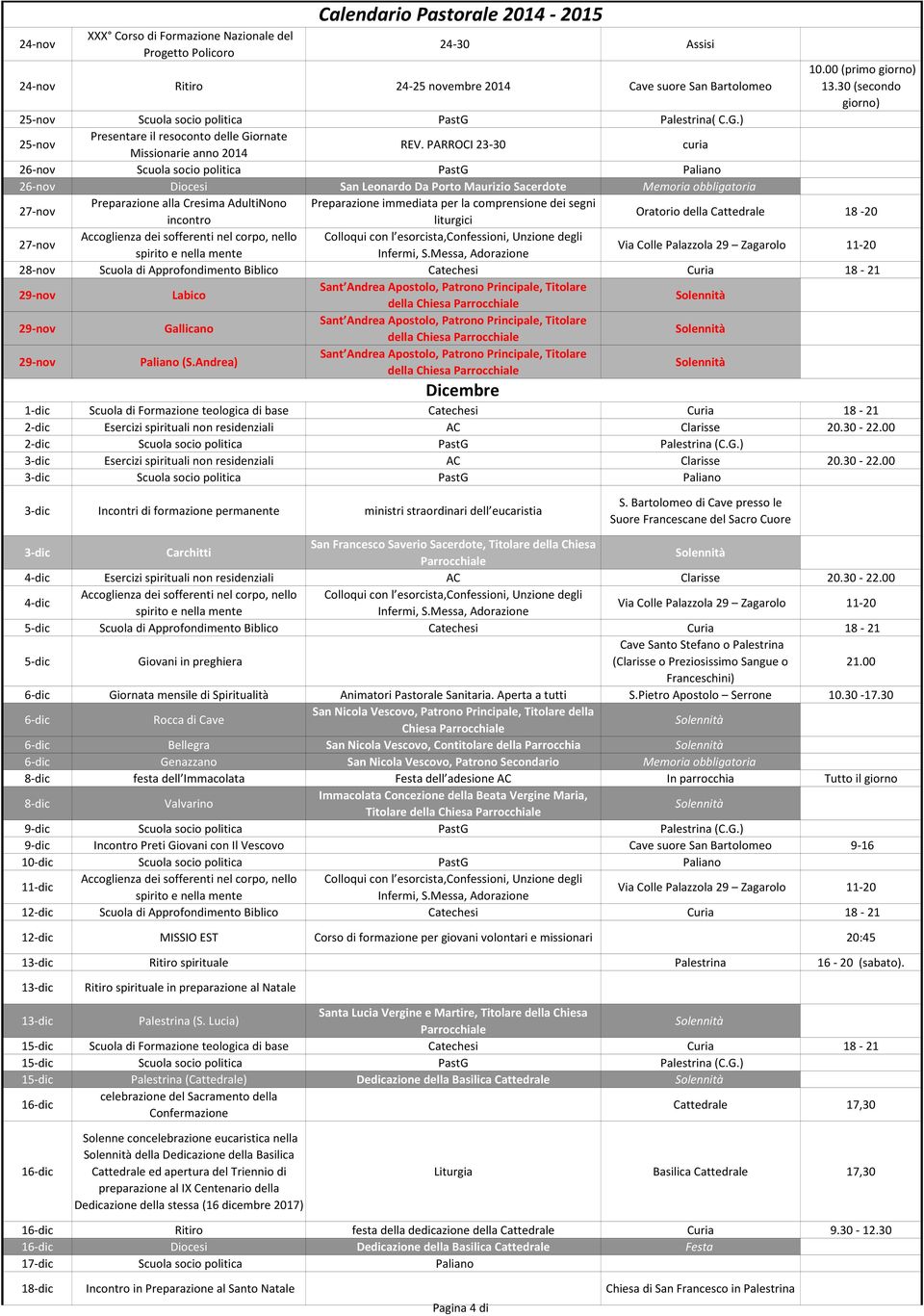 PARROCI 23-30 curia 26-nov Scuola socio politica PastG Paliano 26-nov Diocesi San Leonardo Da Porto Maurizio Sacerdote Memoria obbligatoria 27-nov Preparazione alla Cresima AdultiNono Preparazione