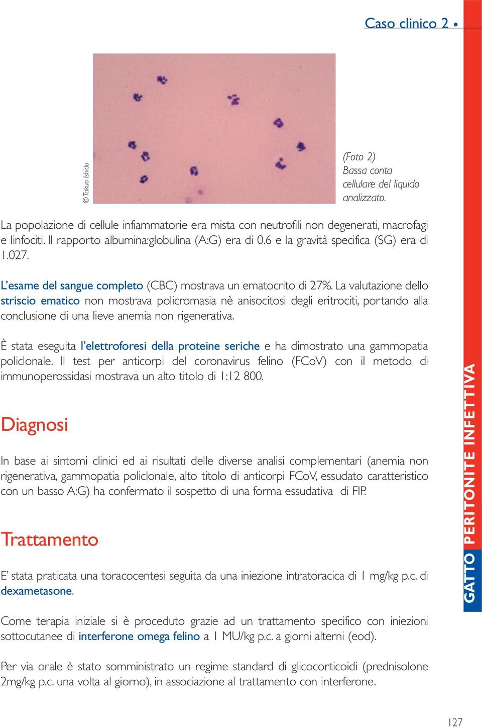 La valutazione dello striscio ematico non mostrava policromasia nè anisocitosi degli eritrociti, portando alla conclusione di una lieve anemia non rigenerativa.