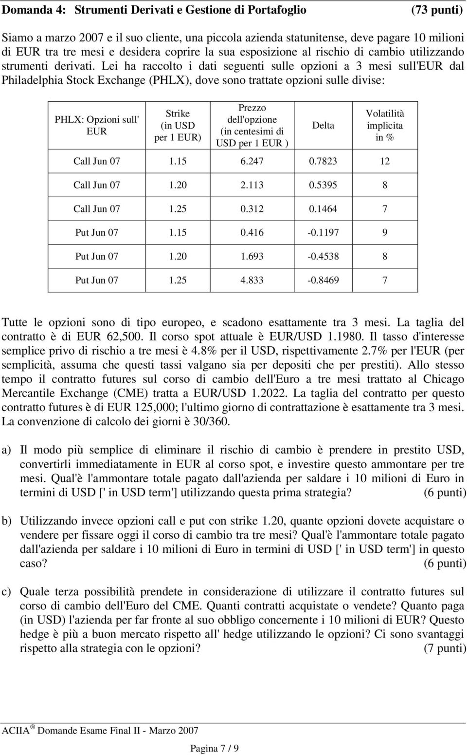 Lei ha raccolto i dati seguenti sulle opzioni a 3 mesi sull'eur dal Philadelphia Stock Exchange (PHLX), dove sono trattate opzioni sulle divise: PHLX: Opzioni sull' EUR Strike (in USD per 1 EUR)