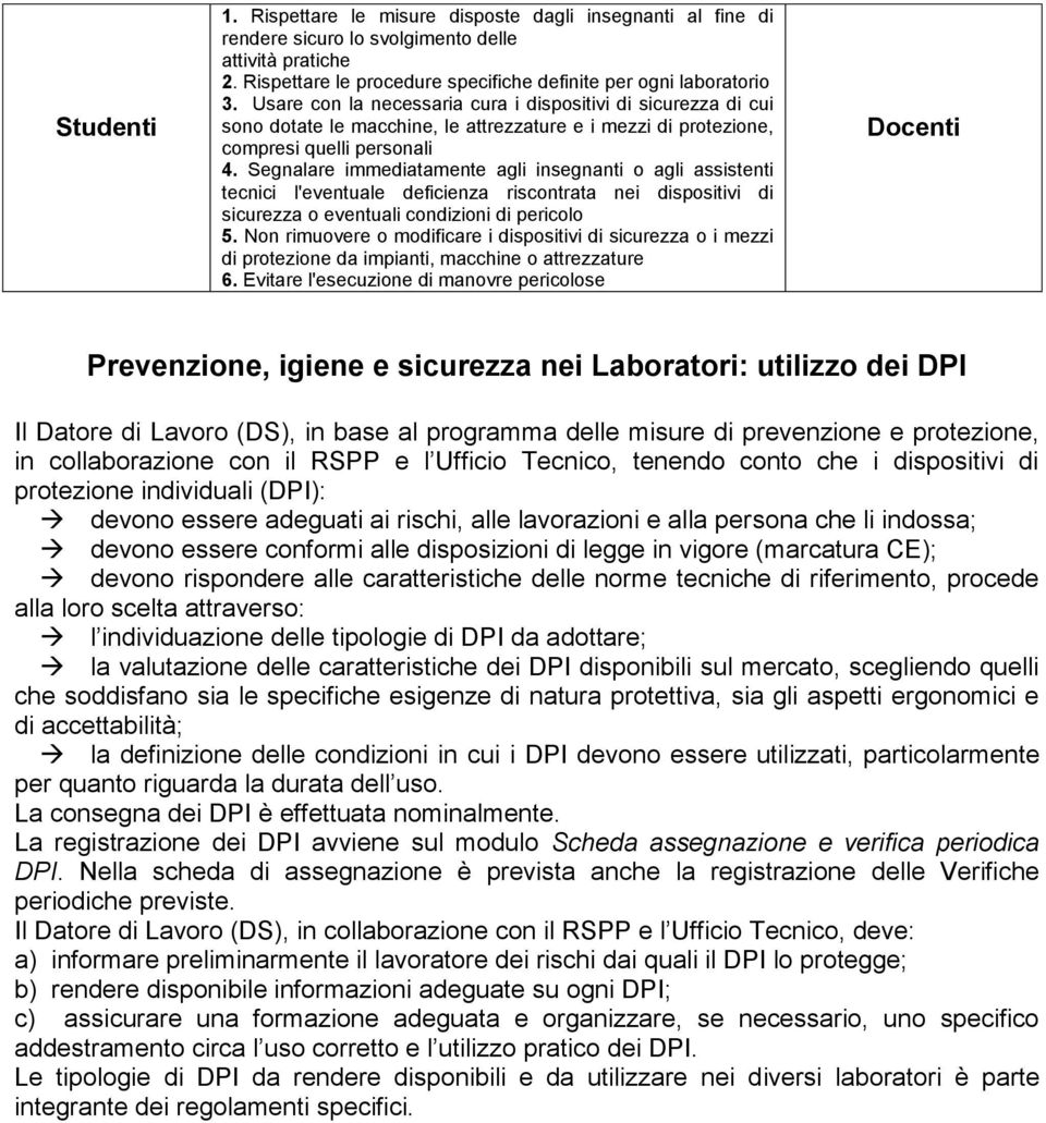 Segnalare immediatamente agli insegnanti o agli assistenti tecnici l'eventuale deficienza riscontrata nei dispositivi di sicurezza o eventuali condizioni di pericolo 5.