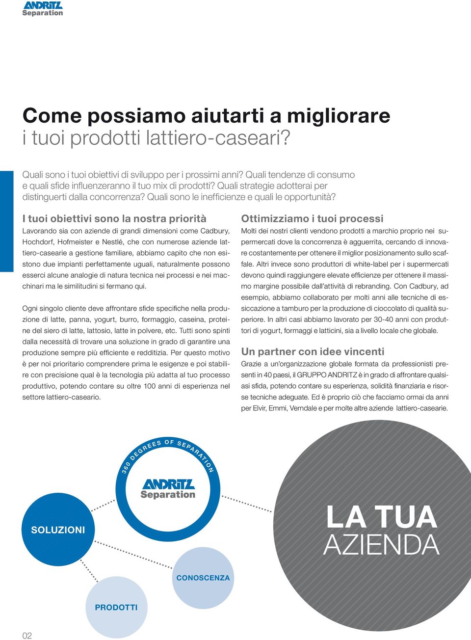 I tuoi obiettivi sono la nostra priorità Lavorando sia con aziende di grandi dimensioni come Cadbury, Hochdorf, Hofmeister e Nestlé, che con numerose aziende lattiero-casearie a gestione familiare,