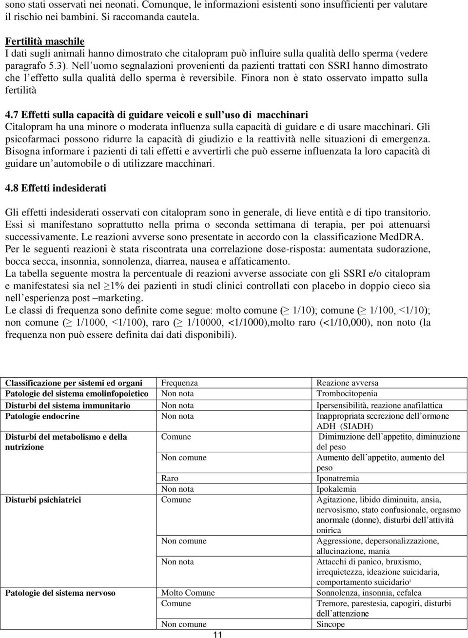 Nell uomo segnalazioni provenienti da pazienti trattati con SSRI hanno dimostrato che l effetto sulla qualità dello sperma è reversibile. Finora non è stato osservato impatto sulla fertilità 4.