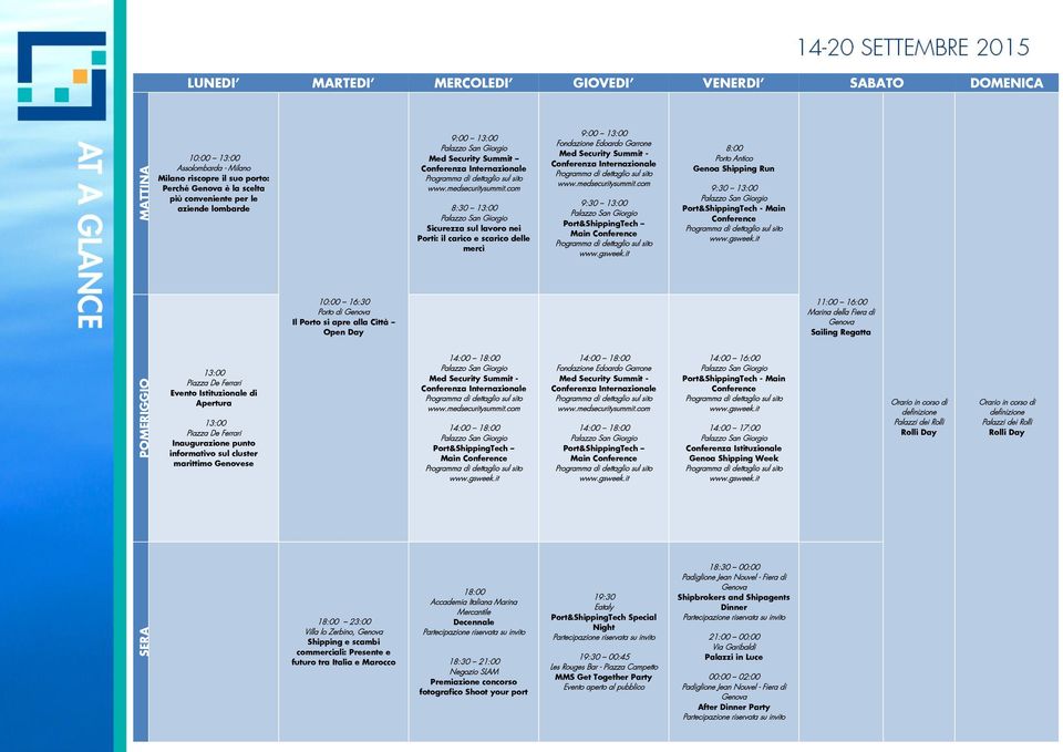 com 8:30 13:00 Palazzo San Giorgio Sicurezza sul lavoro nei Porti: il carico e scarico delle merci 9:00 13:00 Fondazione Edoardo Garrone Med Security Summit - Conferenza Internazionale www.