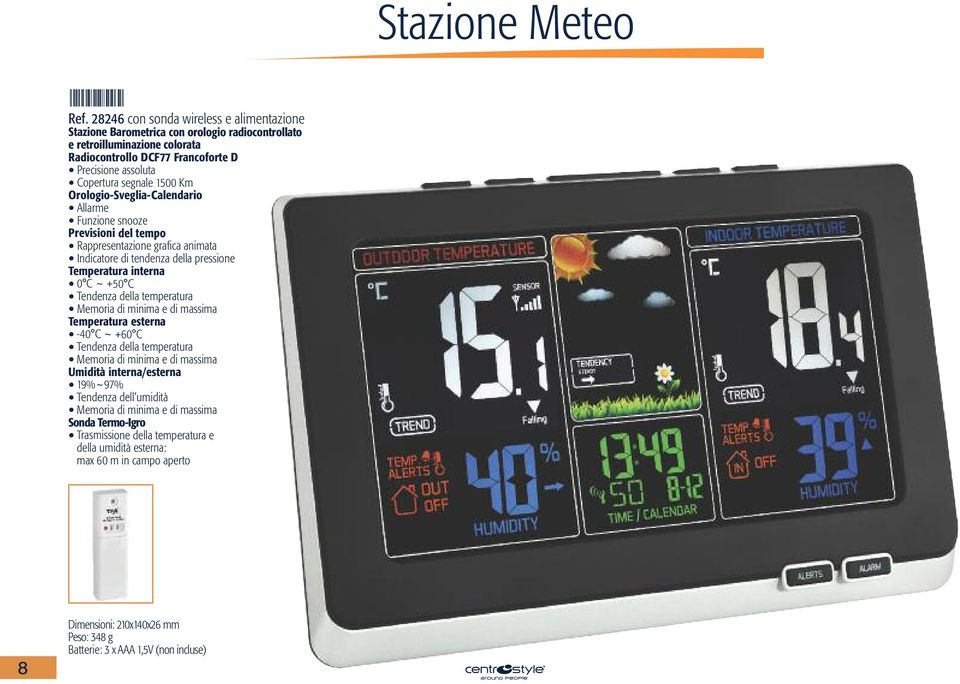 Km Orologio-Sveglia-Calendario Allarme Funzione snooze Rappresentazione grafica animata Indicatore di tendenza della pressione 0 C ~ +50 C Tendenza della temperatura Memoria di minima e di massima