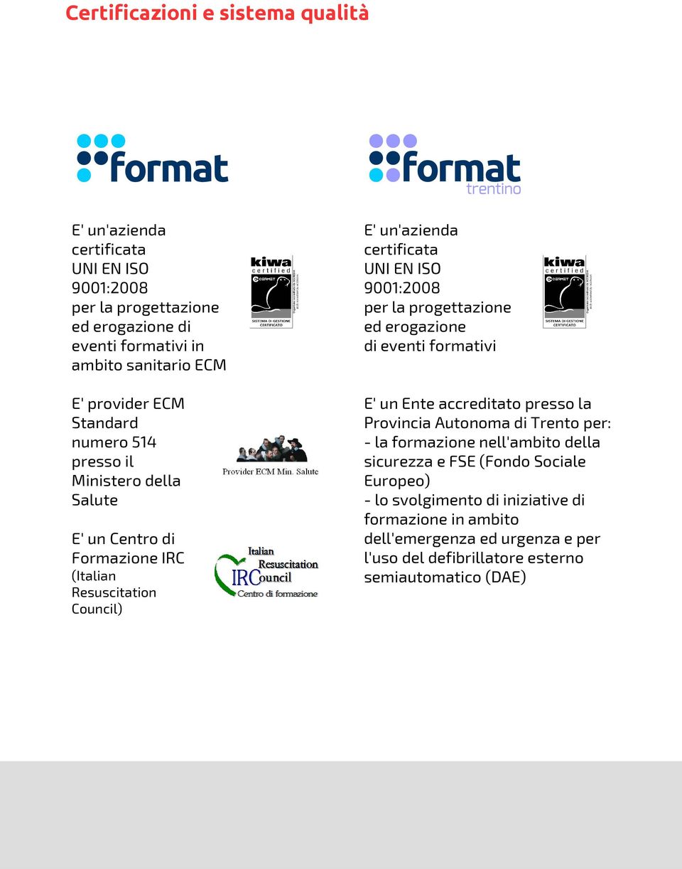 9001:2008 per la progettazione ed erogazione di eventi formativi E' un Ente accreditato presso la Provincia Autonoma di Trento per: - la formazione nell'ambito della