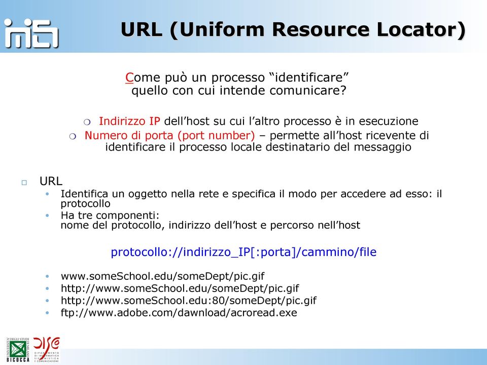 destinatario del messaggio URL Identifica un oggetto nella rete e specifica il modo per accedere ad esso: il protocollo Ha tre componenti: nome del protocollo,