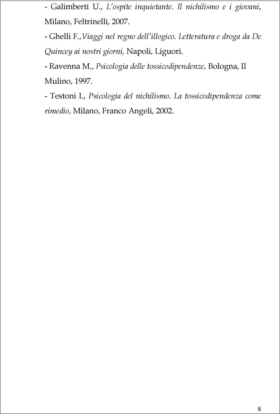 Letteratura e droga da De Quincey ai nostri giorni, Napoli, Liguori. - Ravenna M.