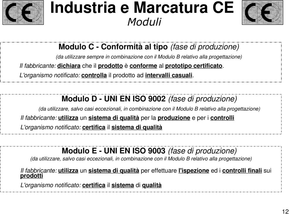 Modulo D - UNI EN ISO 9002 (fase di produzione) (da utilizzare, salvo casi eccezionali, in combinazione con il Modulo B relativo alla progettazione) Il fabbricante: utilizza un sistema di qualità per