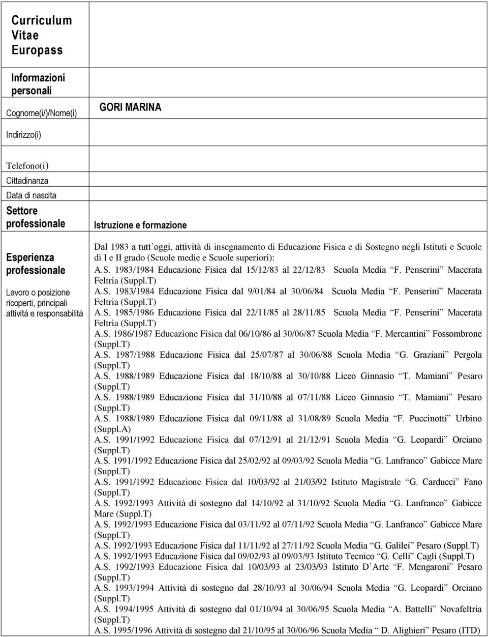 grado (Scuole medie e Scuole superiori): A.S. 1983/1984 Educazione Fisica dal 15/12/83 al 22/12/83 Scuola Media F. Penserini Macerata Feltria A.S. 1983/1984 Educazione Fisica dal 9/01/84 al 30/06/84 Scuola Media F.