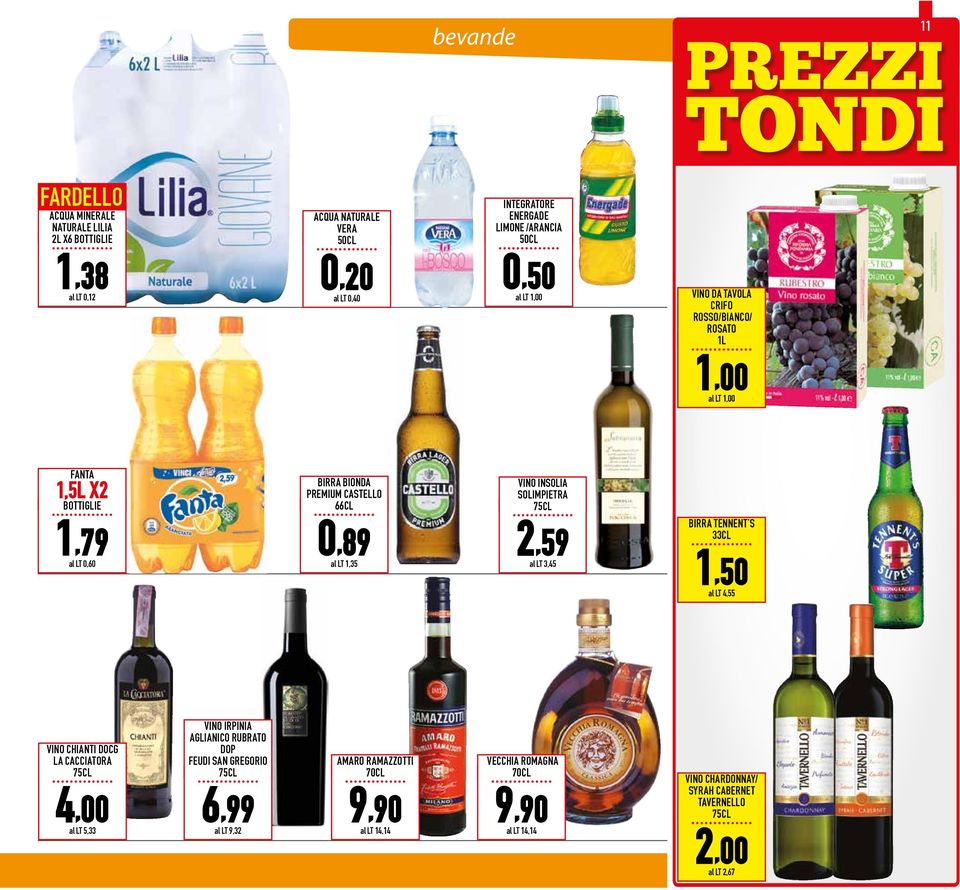 M P I E T R A 75CL 2,59 al LT 3,45 BIRRA TENNENT S 33CL 1,50 al LT 4,55 VINO CHIANTI DOCG LA CACCIATORA 75CL 4,00 al LT 5,33 VINO IRPINIA AGLIANICO RUBRATO DOP FEUDI