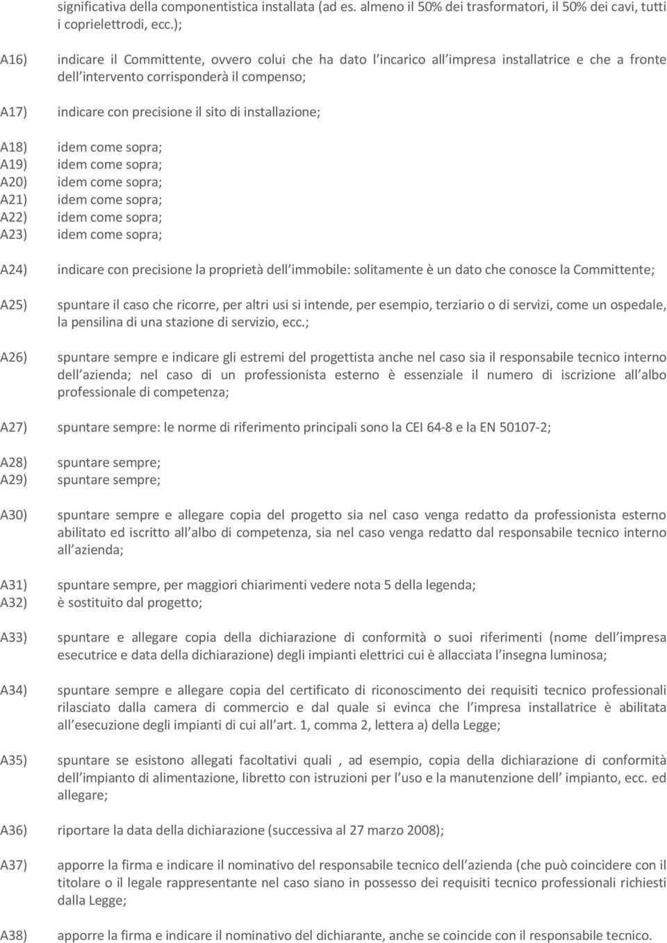 installazione; A18) idem come sopra; A19) idem come sopra; A20) idem come sopra; A21) idem come sopra; A22) idem come sopra; A23) idem come sopra; A24) indicare con precisione la proprietà dell