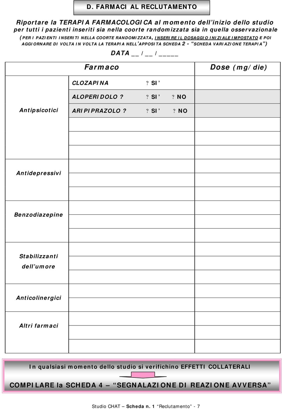 SCHEDA VARIAZIONE TERAPIA ) DATA / / Farmaco Dose (mg/die) CLOZAPINA? SI 