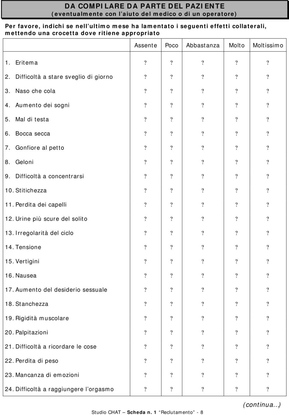 Bocca secca????? 7. Gonfiore al petto????? 8. Geloni????? 9. Difficoltà a concentrarsi????? 10. Stitichezza????? 11. Perdita dei capelli????? 12. Urine più scure del solito????? 13.