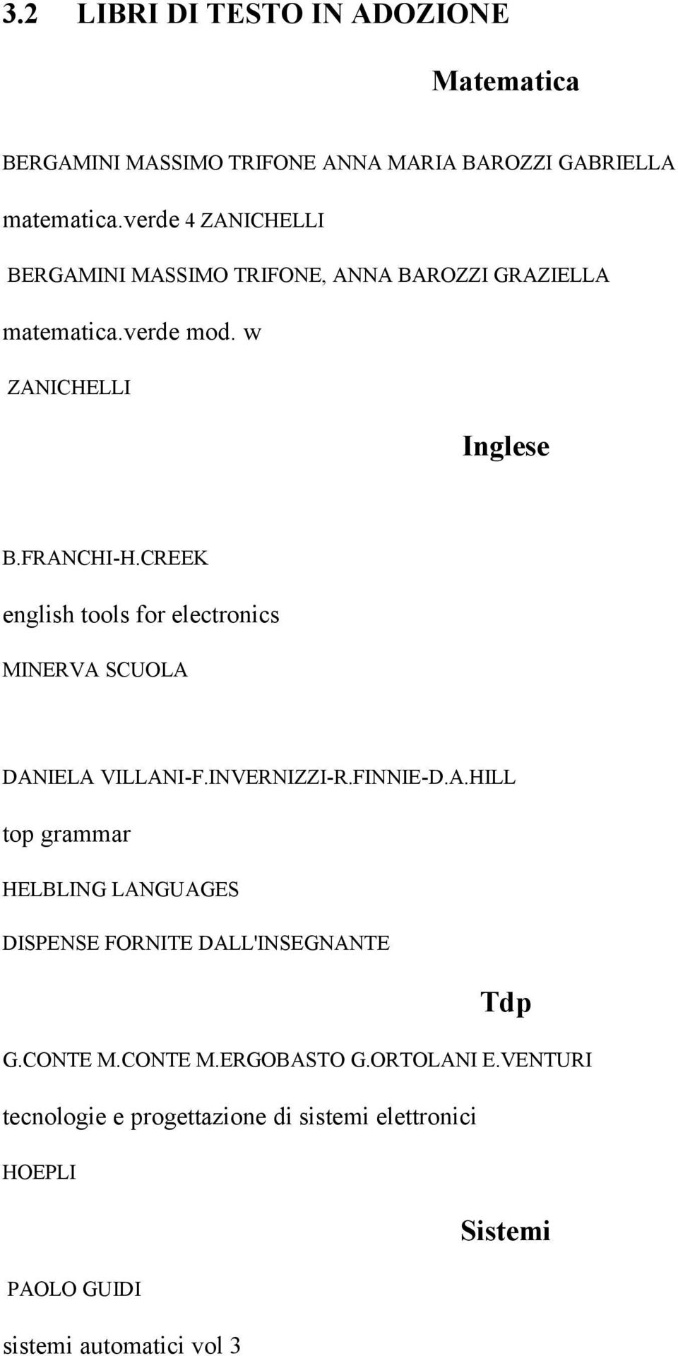 CREEK english tools for electronics MINERVA SCUOLA DANIELA VILLANI-F.INVERNIZZI-R.FINNIE-D.A.HILL top grammar HELBLING LANGUAGES DISPENSE FORNITE DALL'INSEGNANTE Tdp G.