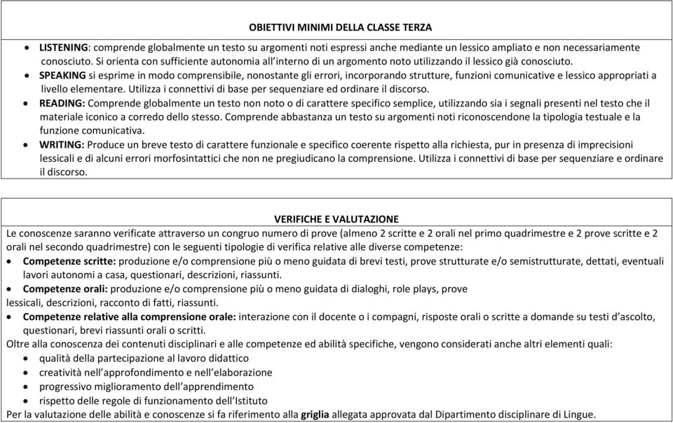 SPEAKING si esprime in modo comprensibile, nonostante gli errori, incorporando strutture, funzioni comunicative e lessico appropriati a livello elementare.