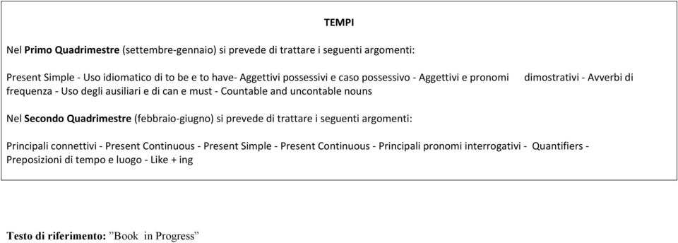 uncontable nouns Nel Secondo Quadrimestre (febbraio giugno) si prevede di trattare i seguenti argomenti: Principali connettivi Present Continuous