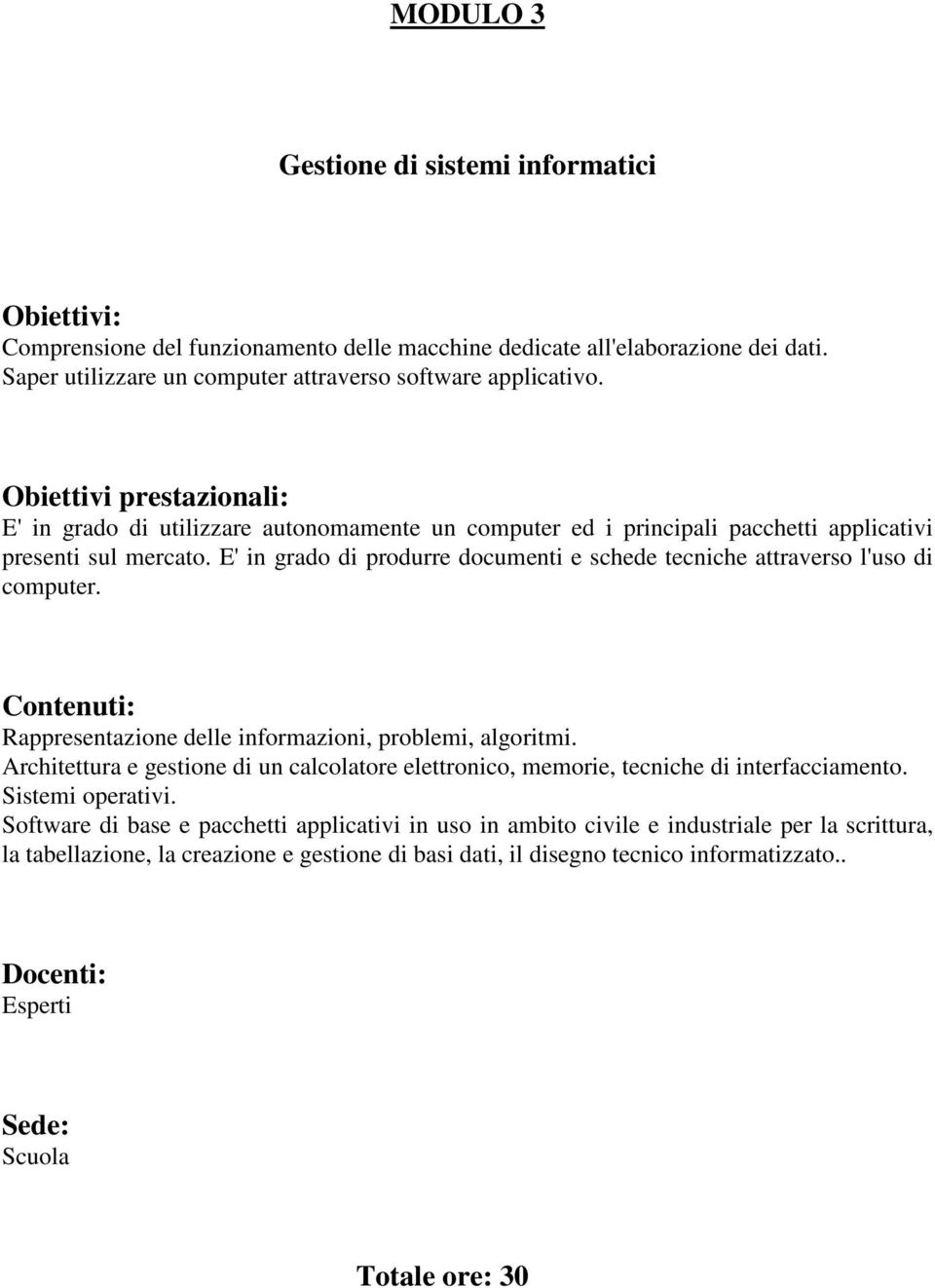 E' in grado di produrre documenti e schede tecniche attraverso l'uso di computer. Rappresentazione delle informazioni, problemi, algoritmi.