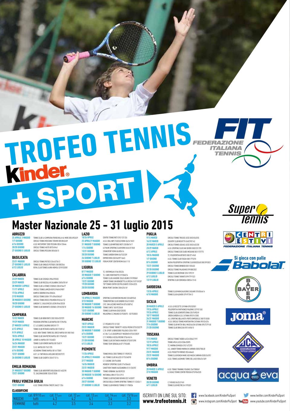 27 GIUGNO 5 LUGLIO TENNIS CLUB GINGLES POTENZA 338/3082564 6/12 LUGLIO ROYAL CLUB TENNIS LAURIA-NEMOLI 329/9333081 CALABRIA 23/29 MARZO TENNIS CLUB COSENZA 0984/395303 23/29 MARZO TENNIS CLUB