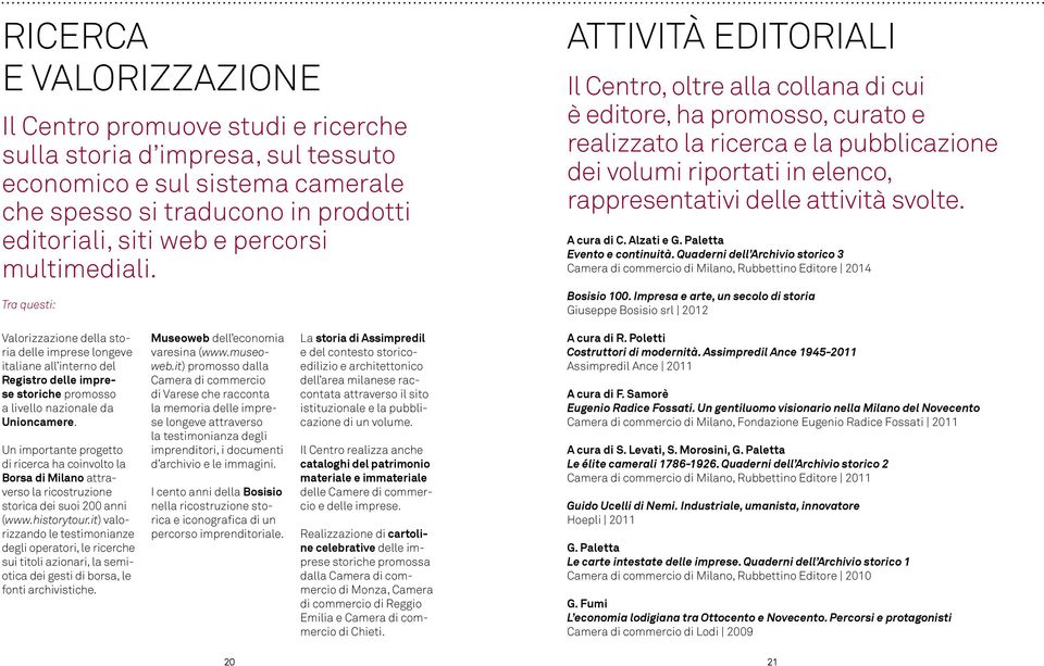 Tra questi: Attività editoriali Il Centro, oltre alla collana di cui è editore, ha promosso, curato e realizzato la ricerca e la pubblicazione dei volumi riportati in elenco, rappresentativi delle